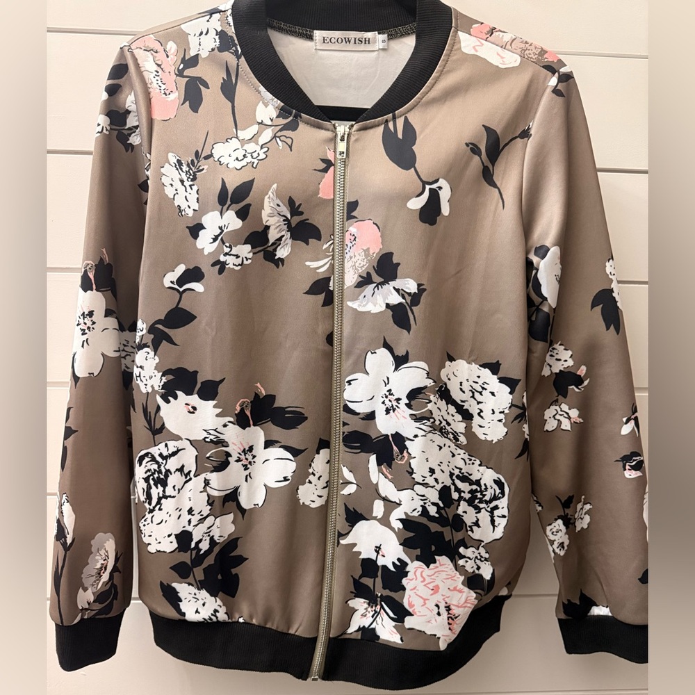 Eco Wish Women's Floral Bomber Jacket - Black, White, and Tan